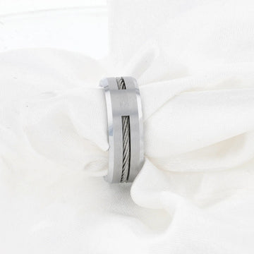 LANNISTER Men’s Tungsten Flat Wedding Band with Steel Wire Cable Inlay & Beveled Edges - 8mm - Larson Jewelers