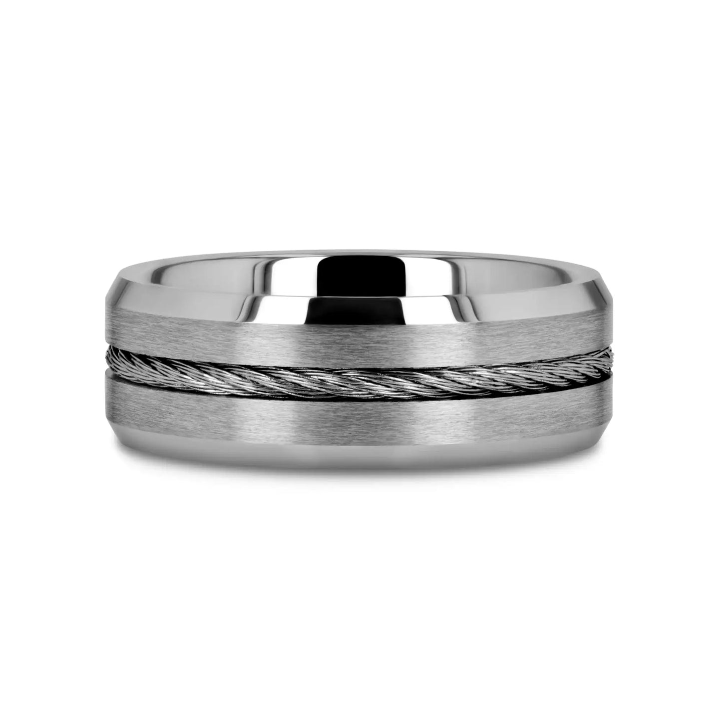 LANNISTER Men’s Tungsten Flat Wedding Band with Steel Wire Cable Inlay & Beveled Edges - 8mm - Larson Jewelers