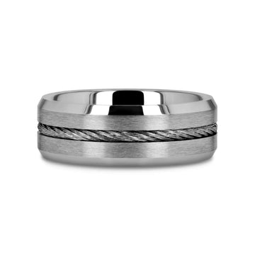 LANNISTER Men’s Tungsten Flat Wedding Band with Steel Wire Cable Inlay & Beveled Edges - 8mm - Larson Jewelers