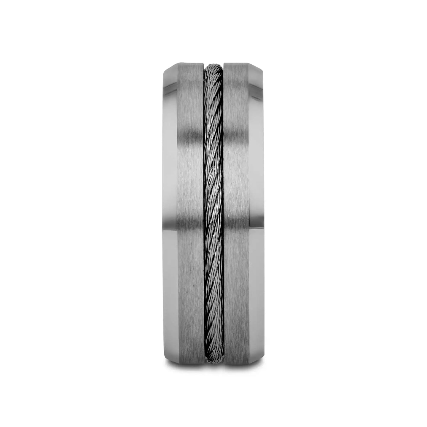 LANNISTER Men’s Tungsten Flat Wedding Band with Steel Wire Cable Inlay & Beveled Edges - 8mm - Larson Jewelers