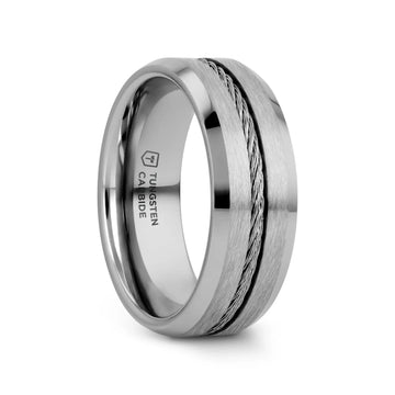 LANNISTER Men’s Tungsten Flat Wedding Band with Steel Wire Cable Inlay & Beveled Edges - 8mm - Larson Jewelers
