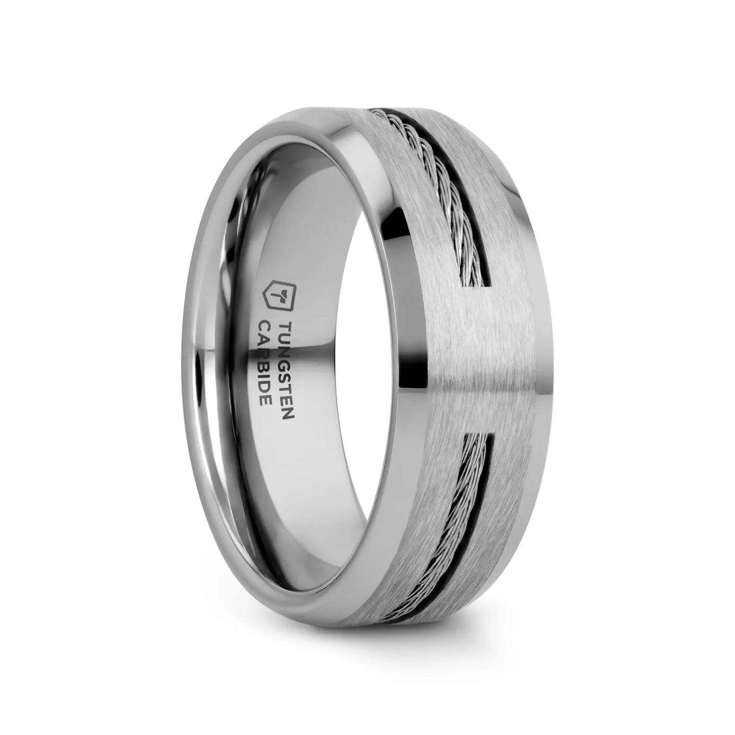 LANNISTER Men’s Tungsten Flat Wedding Band with Steel Wire Cable Inlay & Beveled Edges - 8mm - Larson Jewelers