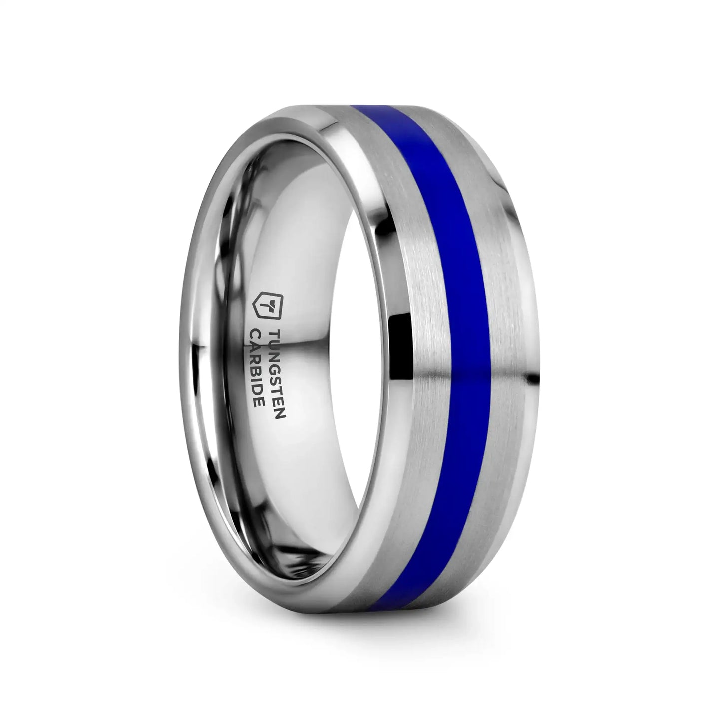 LAWSON Men’s Beveled Edges White Tungsten Brushed Finish Wedding Ring with Blue Stripe - 8mm - Larson Jewelers