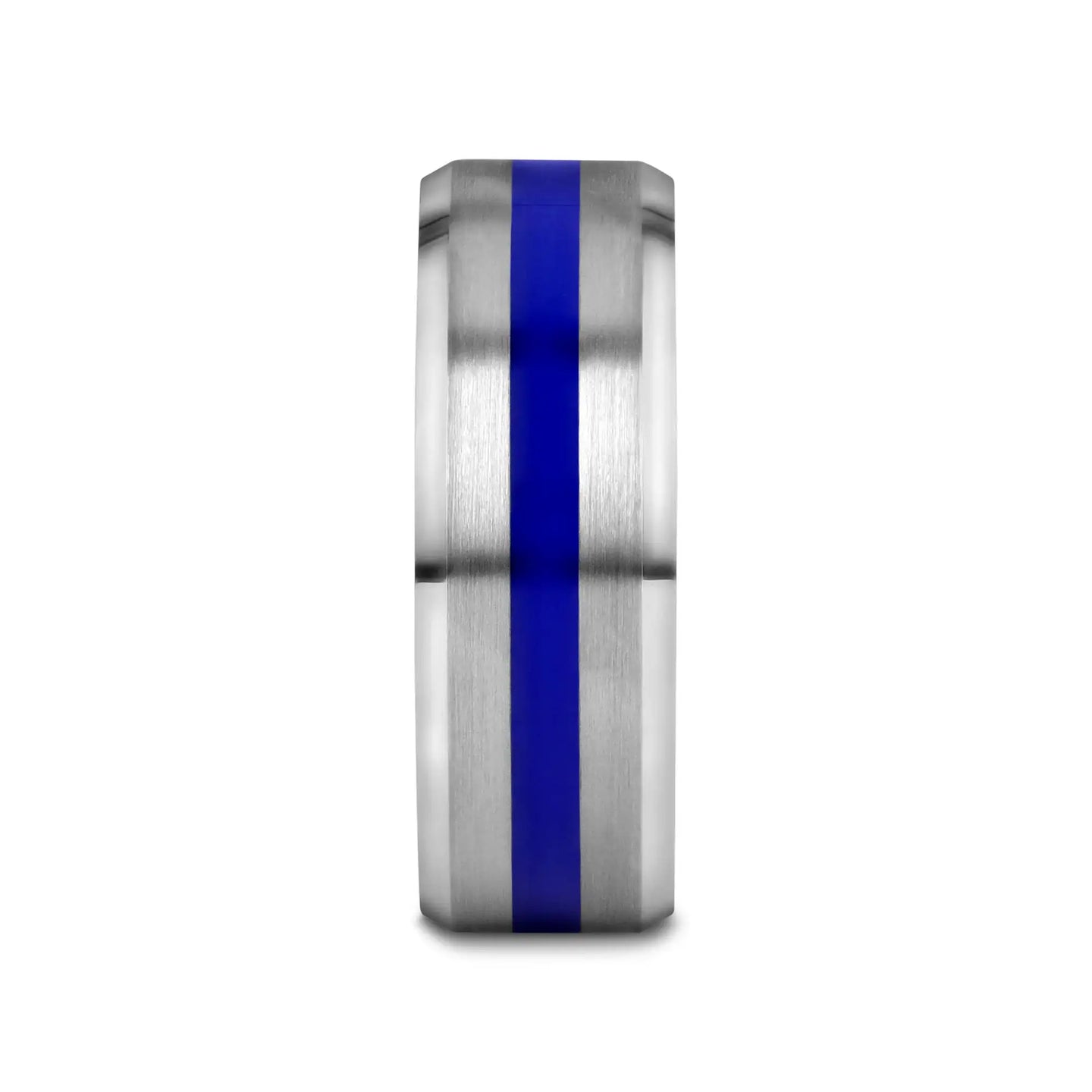 LAWSON Men’s Beveled Edges White Tungsten Brushed Finish Wedding Ring with Blue Stripe - 8mm - Larson Jewelers