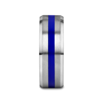 LAWSON Men’s Beveled Edges White Tungsten Brushed Finish Wedding Ring with Blue Stripe - 8mm - Larson Jewelers