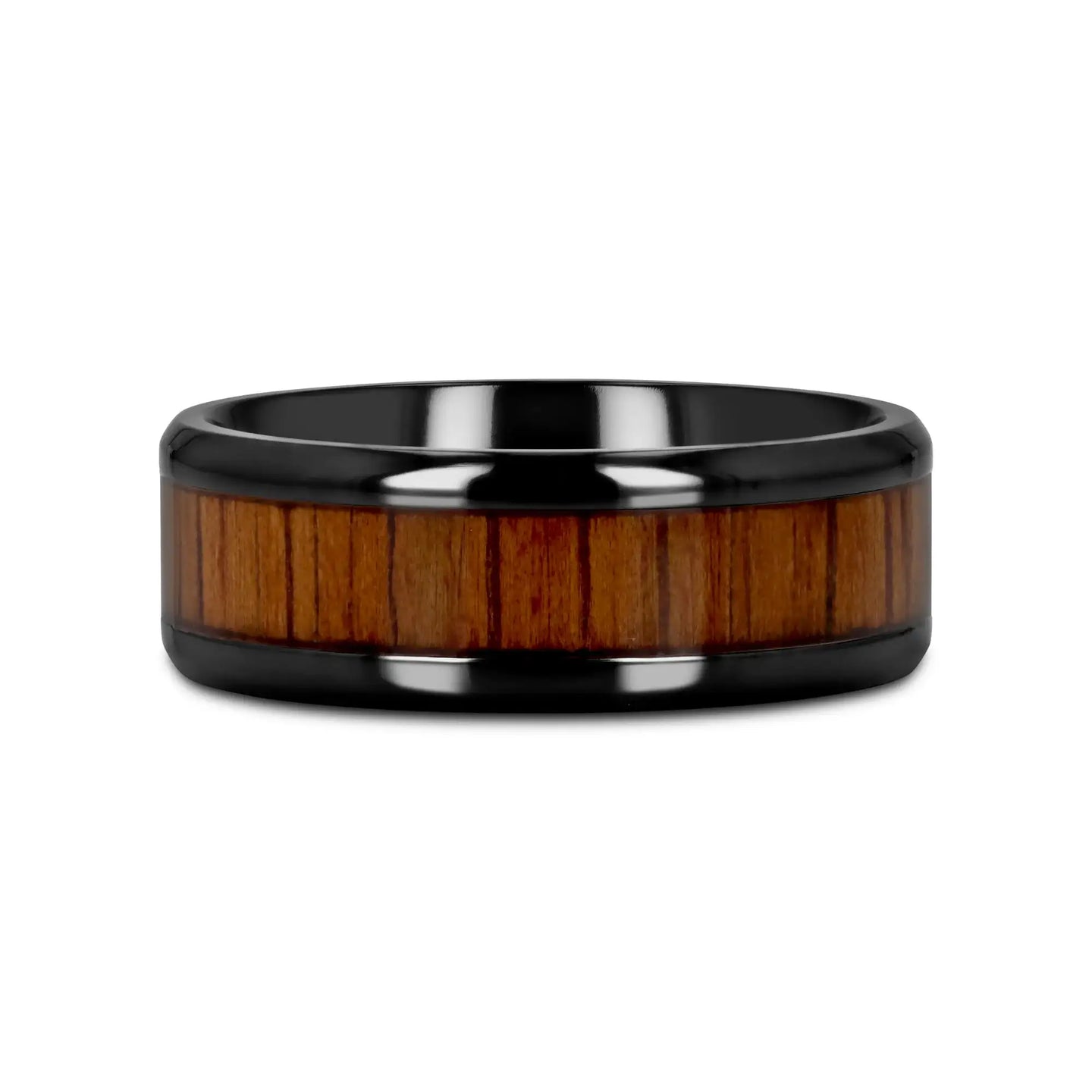 LEIFI Black Titanium Ring with Koa Wood Inlay and Bevels - 8mm - Larson Jewelers