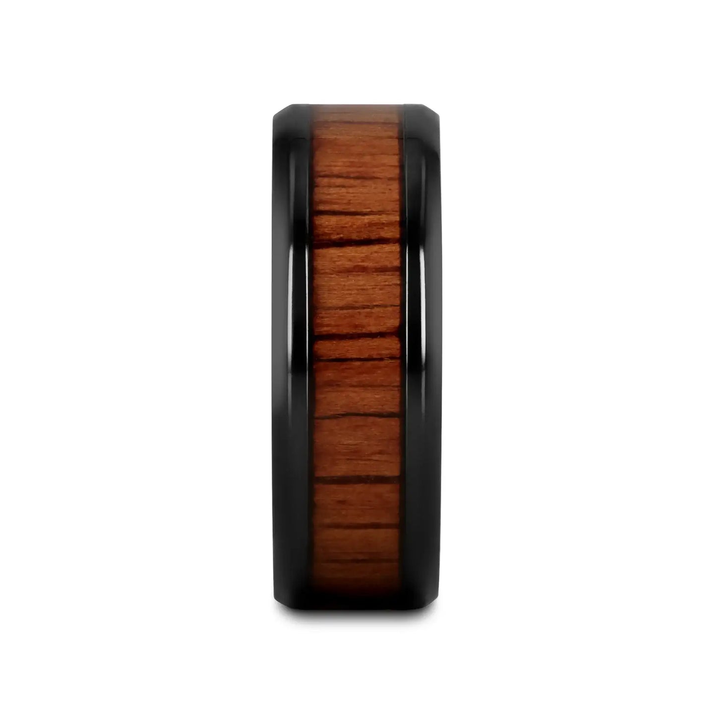 LEIFI Black Titanium Ring with Koa Wood Inlay and Bevels - 8mm - Larson Jewelers