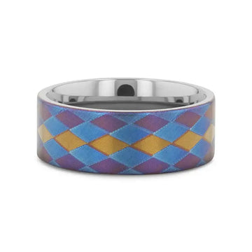MAJESTIC Flat Titanium Ring with Purple, Blue, and Gold Diamond Pattern - 8mm - Larson Jewelers