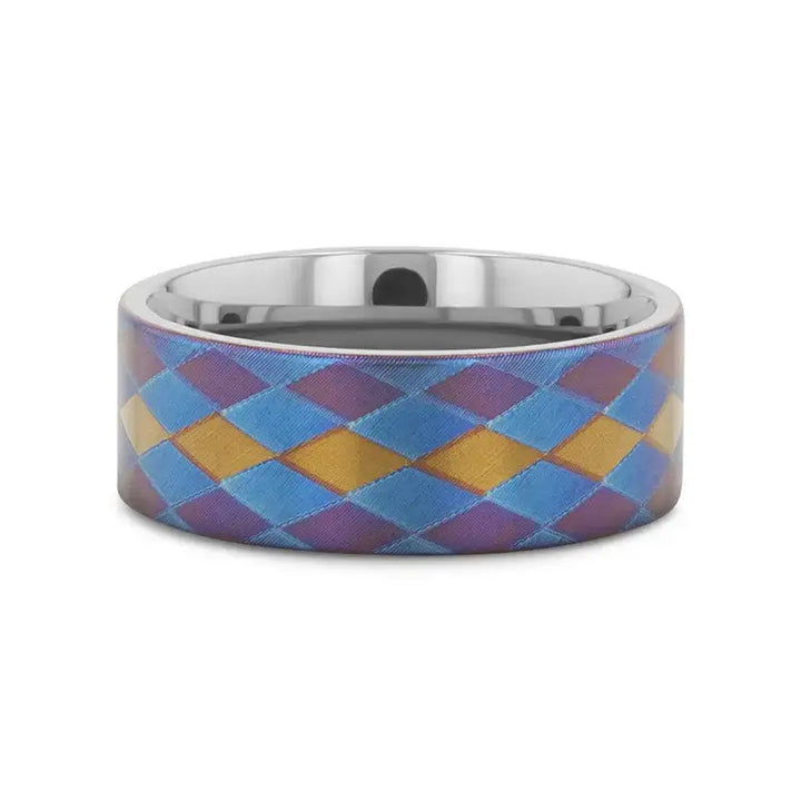 MAJESTIC Flat Titanium Ring with Purple, Blue, and Gold Diamond Pattern - 8mm - Larson Jewelers