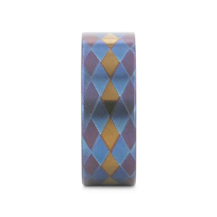 MAJESTIC Flat Titanium Ring with Purple, Blue, and Gold Diamond Pattern - 8mm - Larson Jewelers