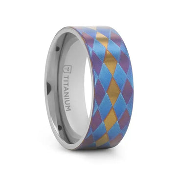 MAJESTIC Flat Titanium Ring with Purple, Blue, and Gold Diamond Pattern - 8mm - Larson Jewelers