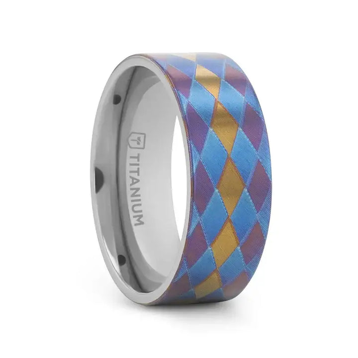 MAJESTIC Flat Titanium Ring with Purple, Blue, and Gold Diamond Pattern - 8mm - Larson Jewelers