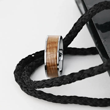MALT Whiskey Barrel Inlaid Tungsten Men's Wedding Band With Flat Polished Edges Made From Genuine Whiskey Barrels - 8mm - Larson Jewelers