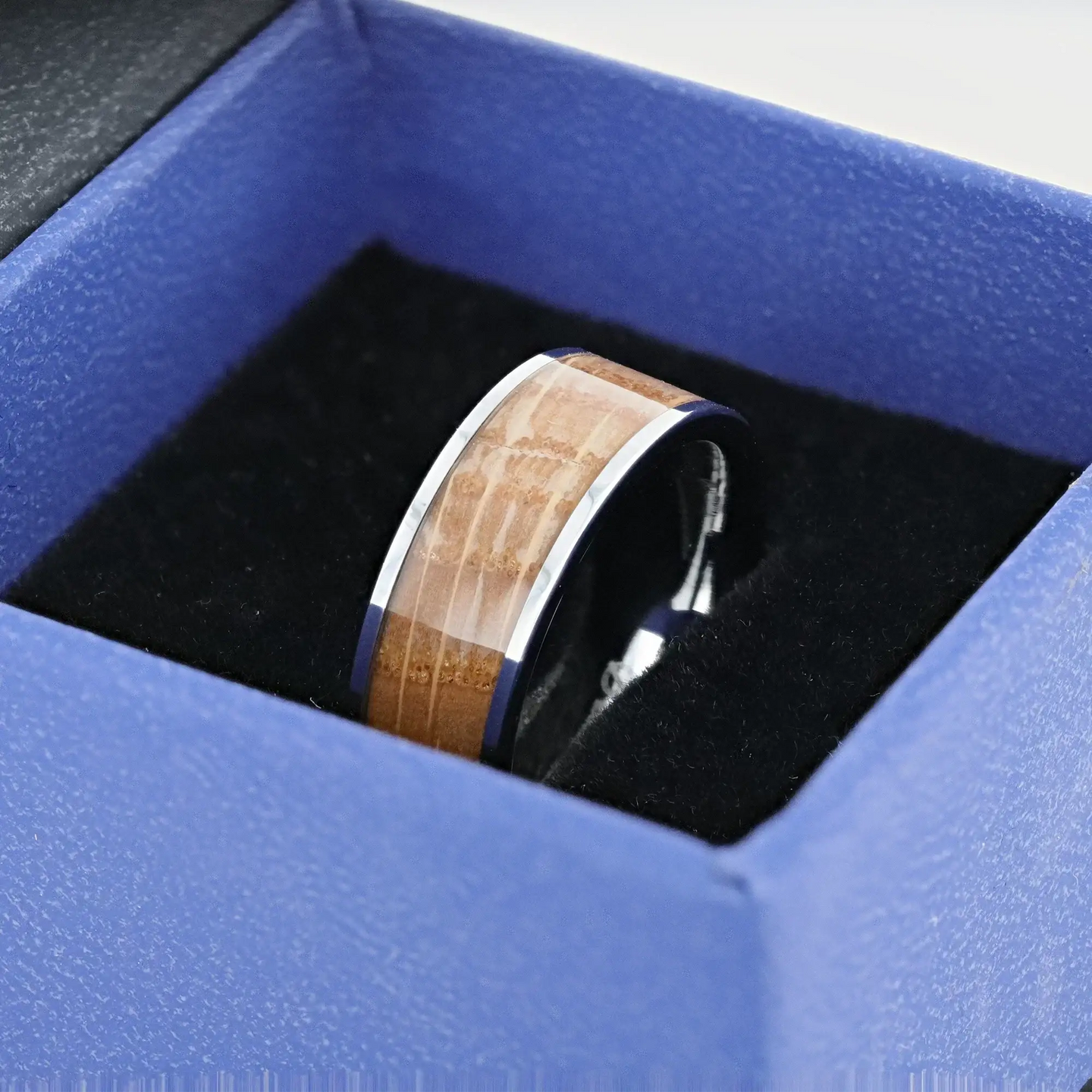 MALT Whiskey Barrel Inlaid Tungsten Men's Wedding Band With Flat Polished Edges Made From Genuine Whiskey Barrels - 8mm - Larson Jewelers