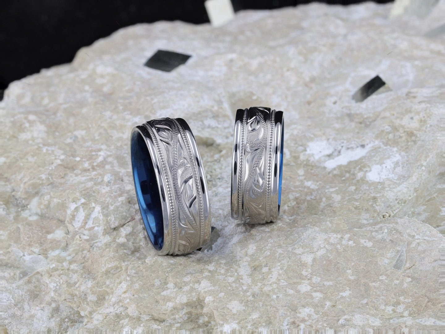 MARINER Titanium Milgrain Engraved Finish Men 's Wedding Ring with Blue Plating Inside- 8mm - Larson Jewelers