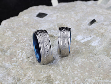 MARINER Titanium Milgrain Engraved Finish Men 's Wedding Ring with Blue Plating Inside- 8mm - Larson Jewelers