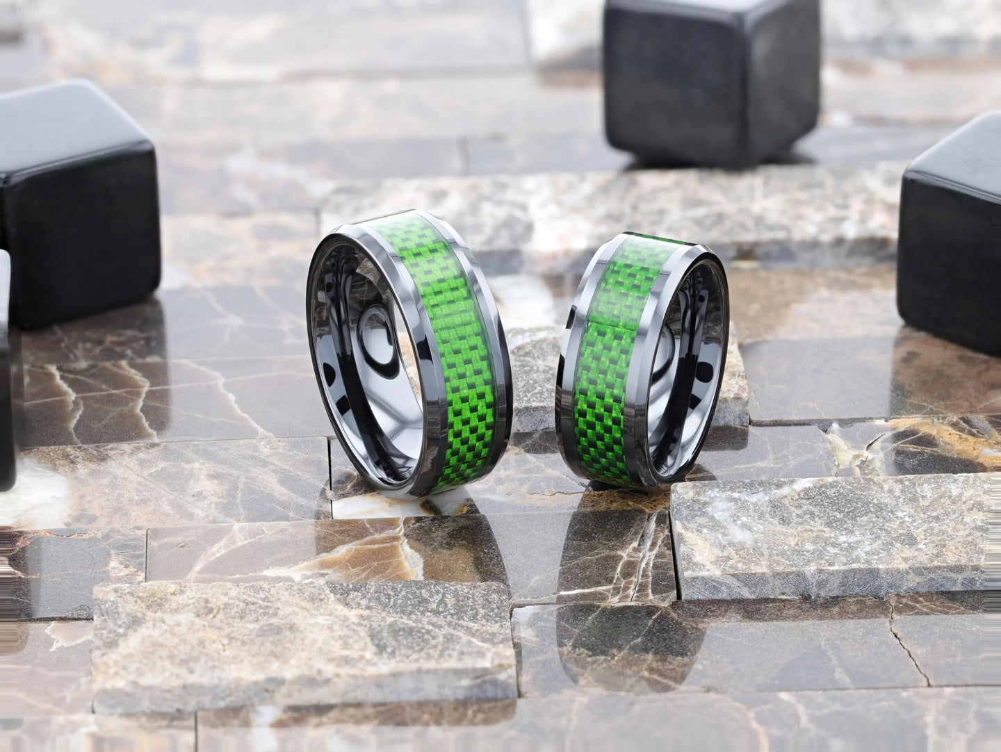 MATLAL Beveled Black Ceramic Ring with Emerald Green Carbon Fiber Inlay - 8mm - Larson Jewelers