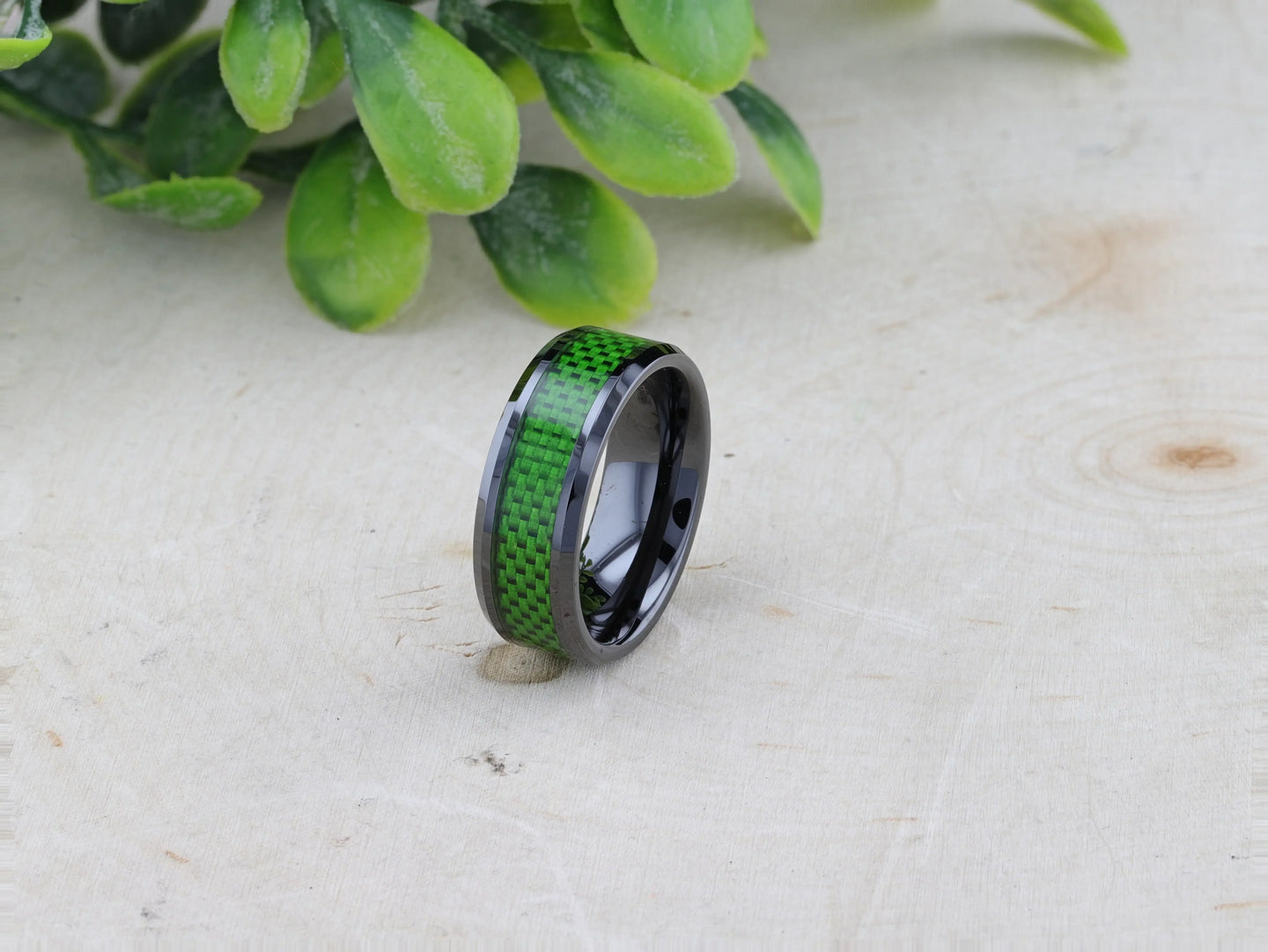 MATLAL Beveled Black Ceramic Ring with Emerald Green Carbon Fiber Inlay - 8mm - Larson Jewelers
