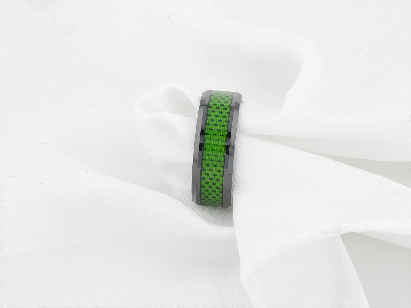 MATLAL Beveled Black Ceramic Ring with Emerald Green Carbon Fiber Inlay - 8mm - Larson Jewelers