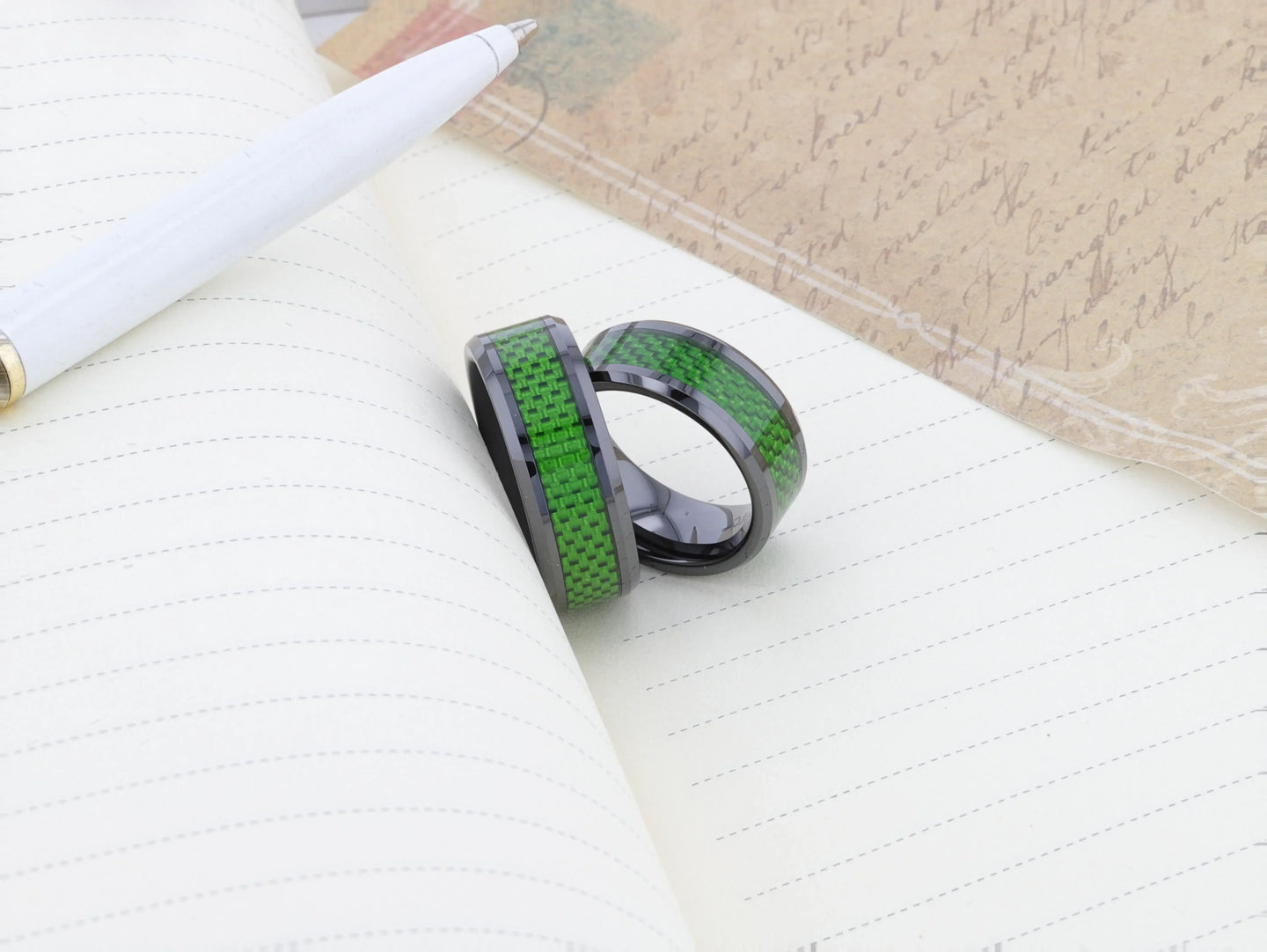 MATLAL Beveled Black Ceramic Ring with Emerald Green Carbon Fiber Inlay - 8mm - Larson Jewelers