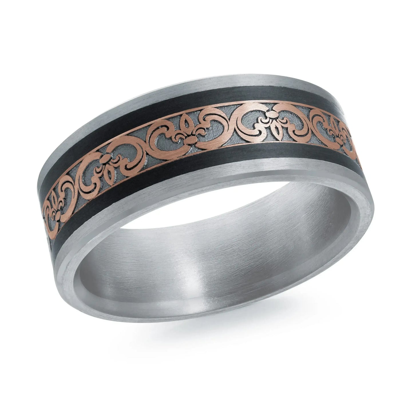 14K White Gold with Carbon Fiber and 14K Rose Gold Ring from the Noir Collection by Malo