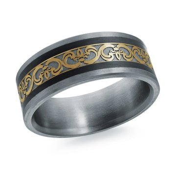 14K White Gold with Carbon Fiber and 14K Yellow Gold Ring from the Noir Collection by Malo