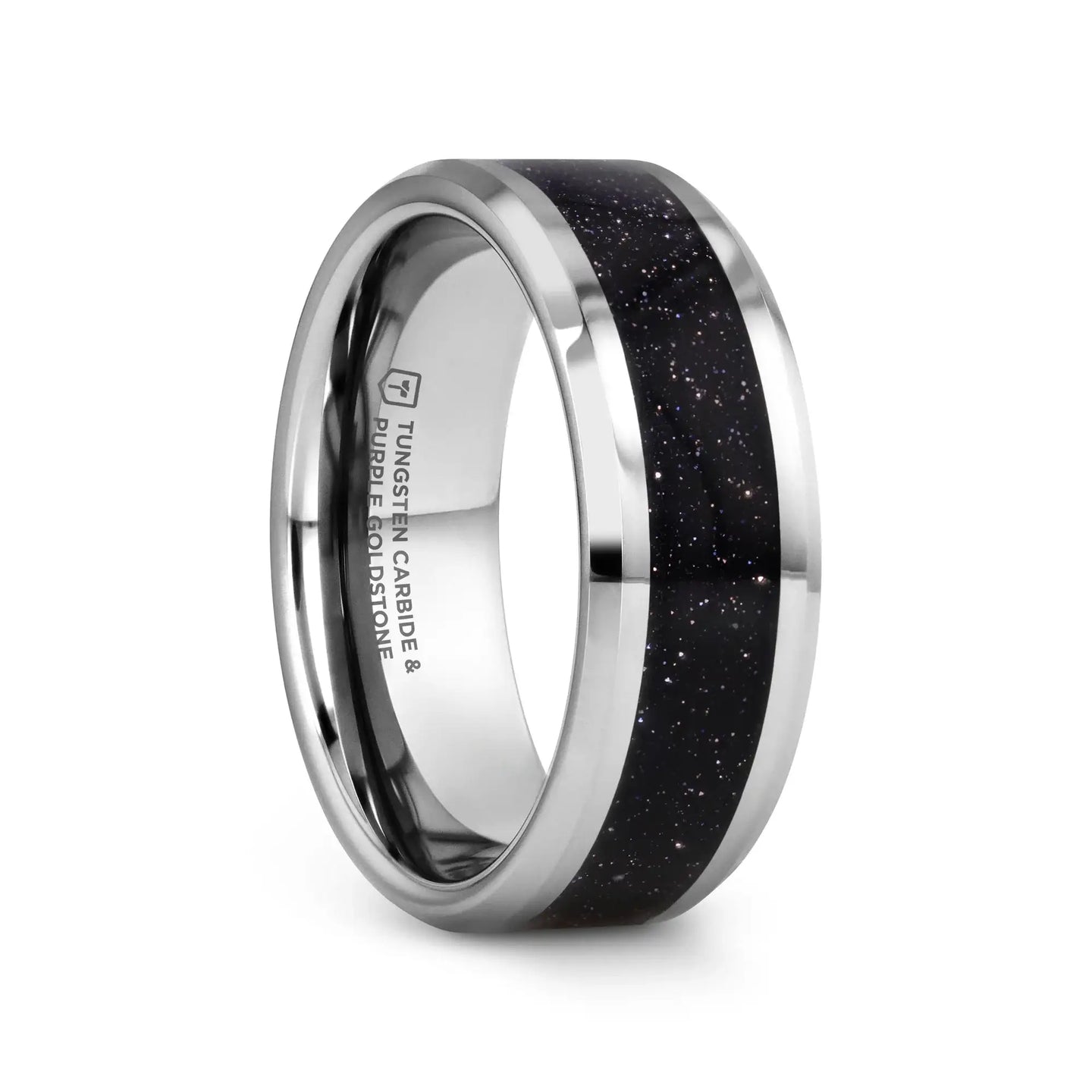 MAKI Men’s Beveled Polished Finish Tungsten Wedding Ring with Purple Goldstone Inlay - 8mm - Larson Jewelers