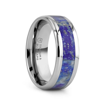 MALONE Men's Titanium Wedding Ring with Blue Lapis Inlay & Beveled Edges - 8mm - Larson Jewelers