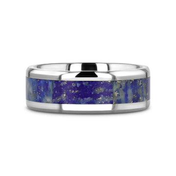 MALONE Men's Titanium Wedding Ring with Blue Lapis Inlay & Beveled Edges - 8mm - Larson Jewelers