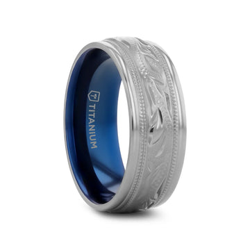 MARINER Titanium Milgrain Engraved Finish Men 's Wedding Ring with Blue Plating Inside- 8mm - Larson Jewelers