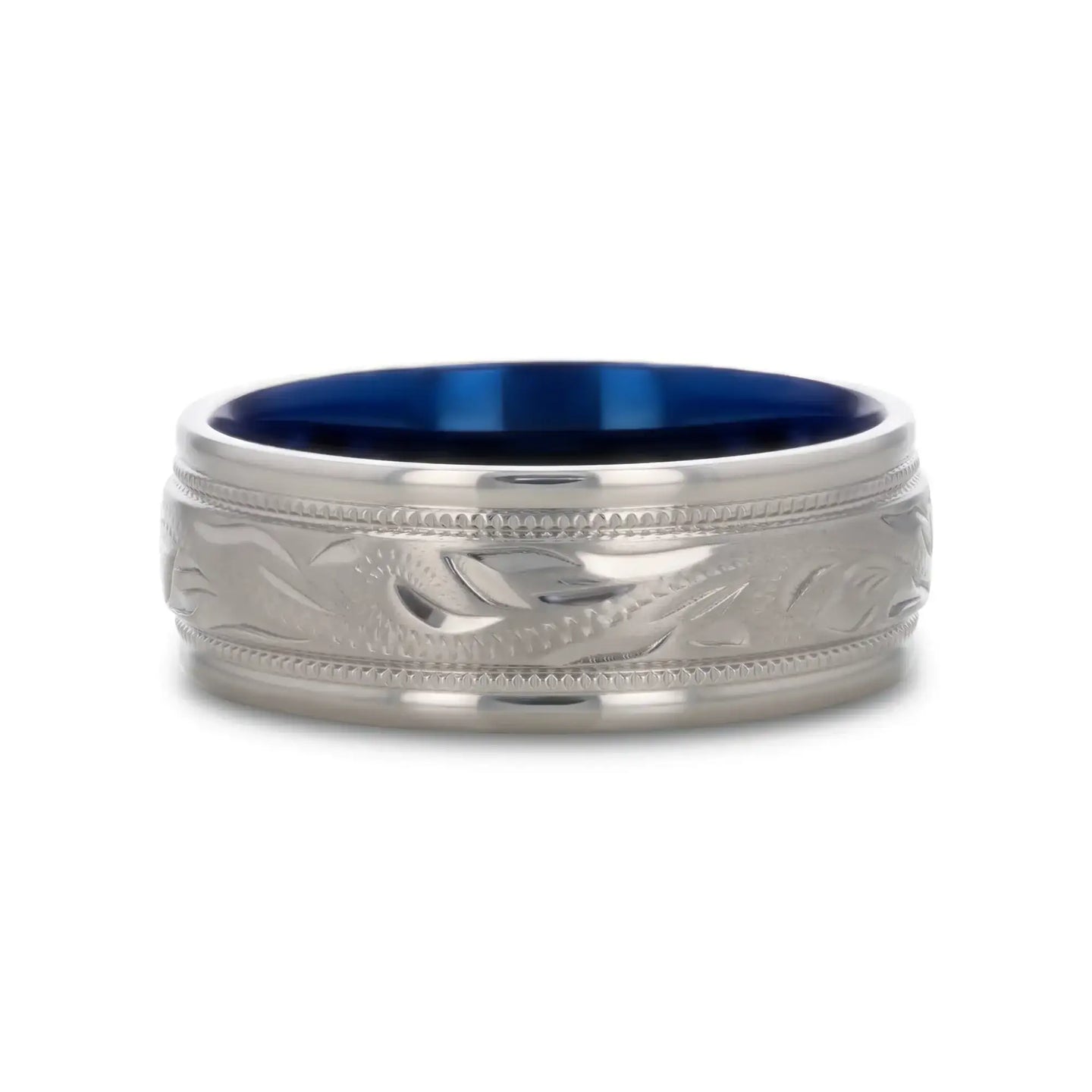 MARINER Titanium Milgrain Engraved Finish Men 's Wedding Ring with Blue Plating Inside- 8mm - Larson Jewelers