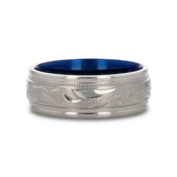 MARINER Titanium Milgrain Engraved Finish Men 's Wedding Ring with Blue Plating Inside- 8mm - Larson Jewelers