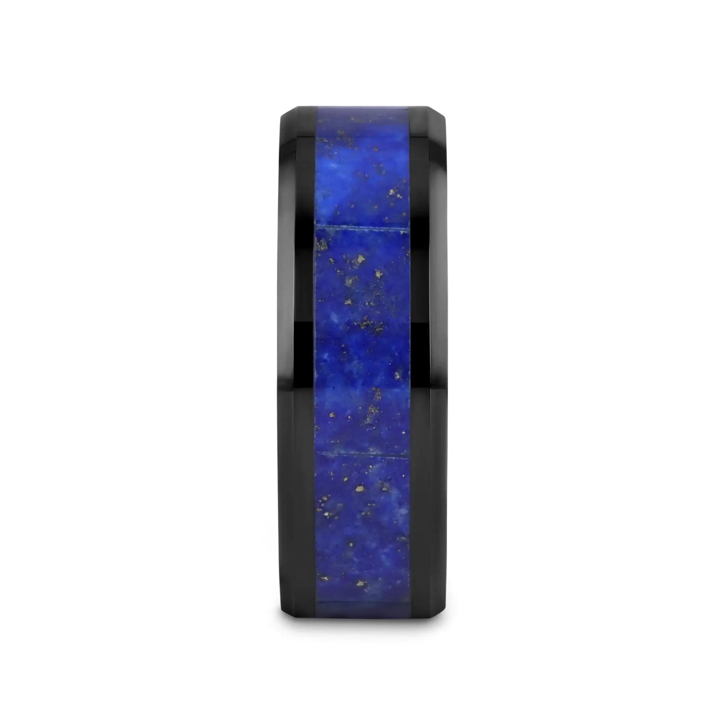 MARLOW Men’s Polished Black Ceramic Wedding Band with Blue Lapis Inlay & Beveled Edges - 8mm - Larson Jewelers