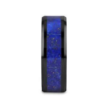 MARLOW Men’s Polished Black Ceramic Wedding Band with Blue Lapis Inlay & Beveled Edges - 8mm - Larson Jewelers