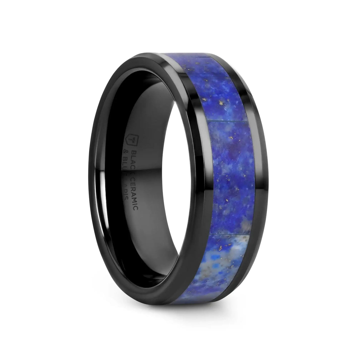 MARLOW Men’s Polished Black Ceramic Wedding Band with Blue Lapis Inlay & Beveled Edges - 8mm - Larson Jewelers
