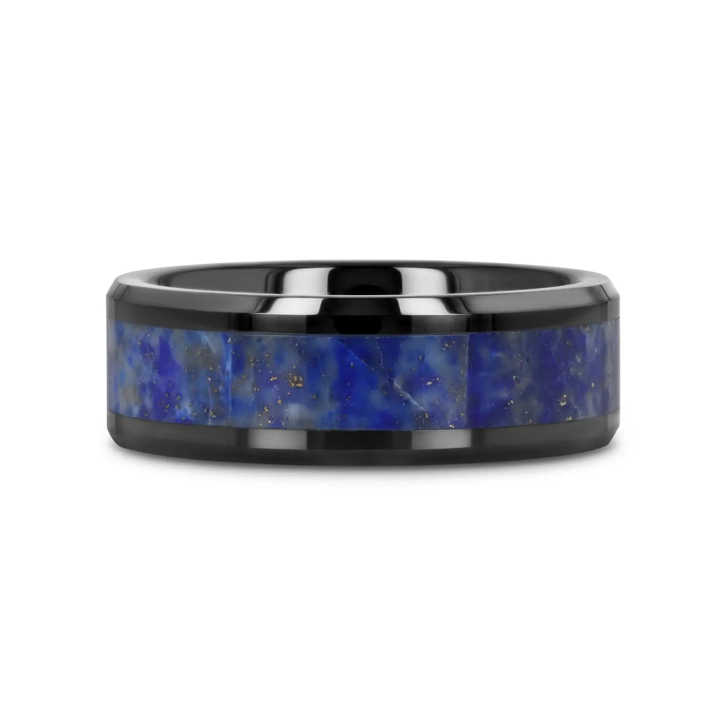 MARLOW Men’s Polished Black Ceramic Wedding Band with Blue Lapis Inlay & Beveled Edges - 8mm - Larson Jewelers