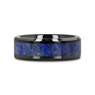 MARLOW Men’s Polished Black Ceramic Wedding Band with Blue Lapis Inlay & Beveled Edges - 8mm - Larson Jewelers