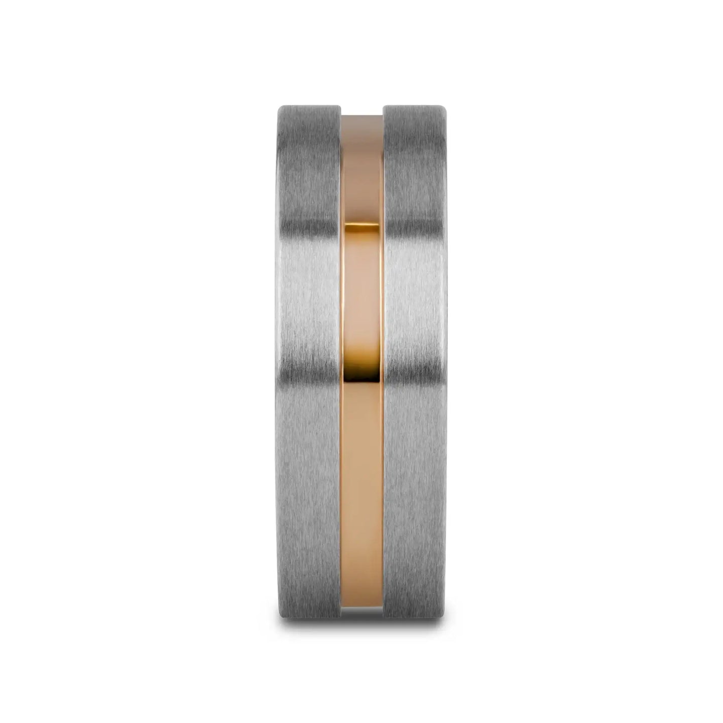 MARS Titanium Flat Brushed Finished Men's Wedding Ring With Rose Gold Plated Groove Center - 8mm - Larson Jewelers