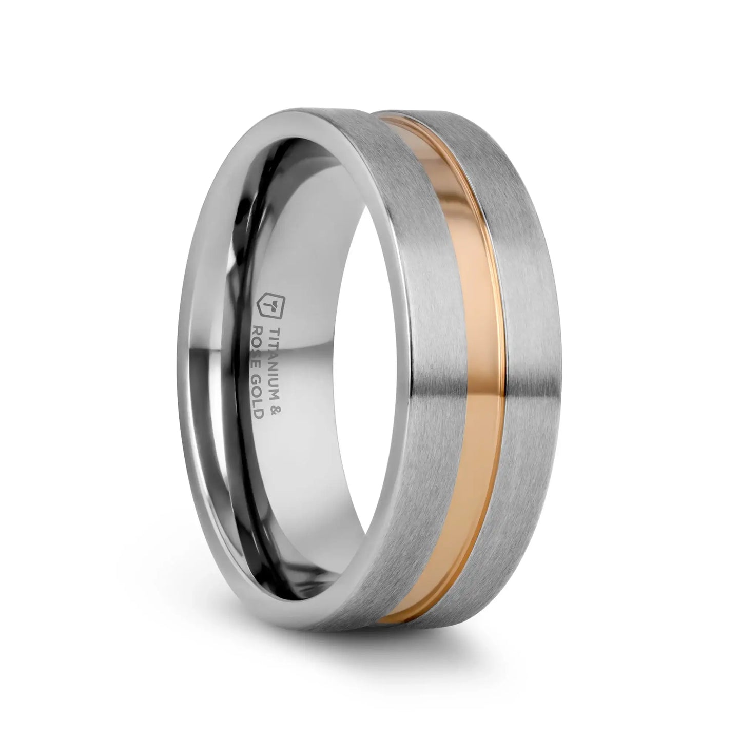 MARS Titanium Flat Brushed Finished Men's Wedding Ring With Rose Gold Plated Groove Center - 8mm - Larson Jewelers