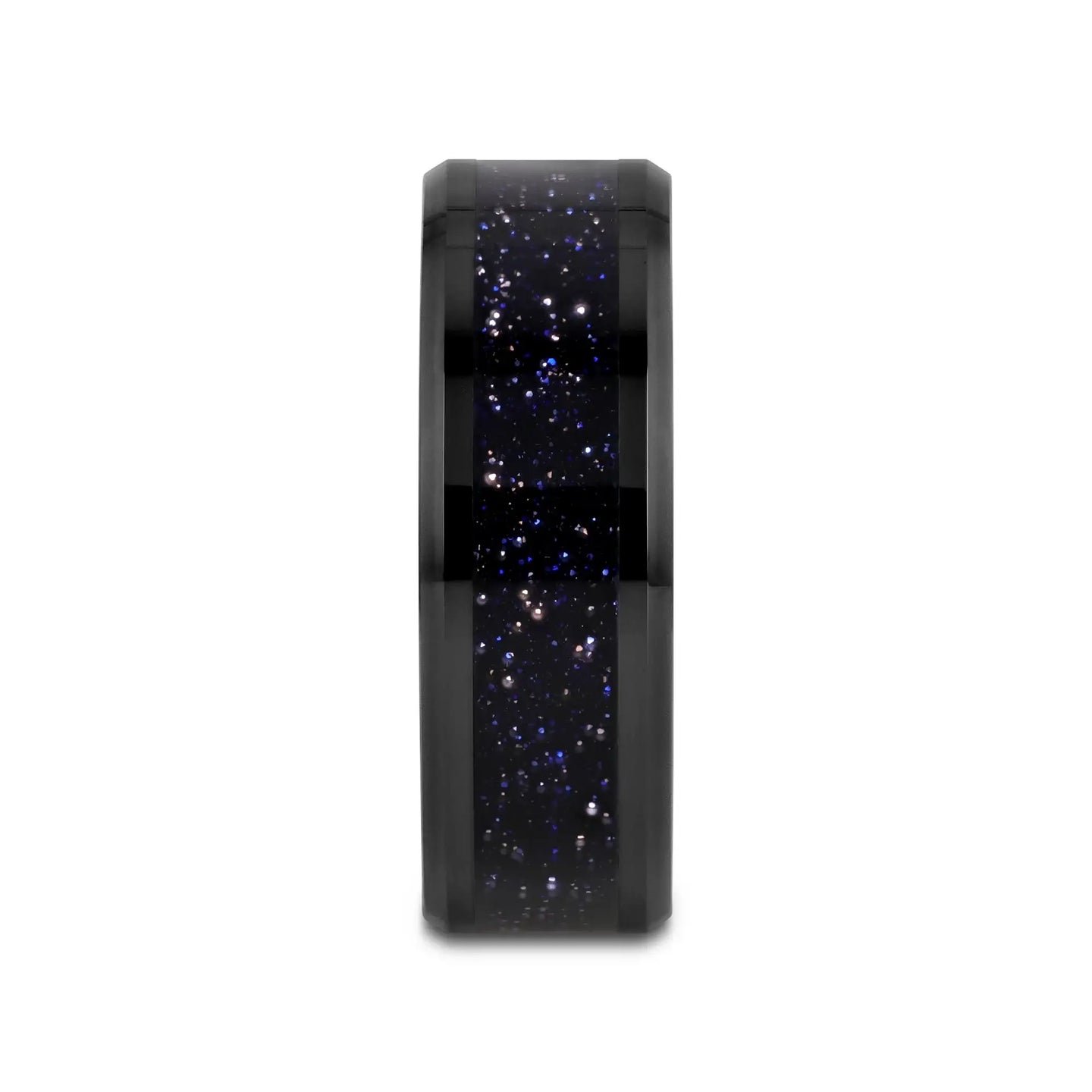 MELO Black Ceramic Beveled Polished Men’s Wedding Band with Purple Goldstone Inlay - 8mm - Larson Jewelers