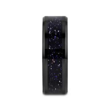 MELO Black Ceramic Beveled Polished Men’s Wedding Band with Purple Goldstone Inlay - 8mm - Larson Jewelers
