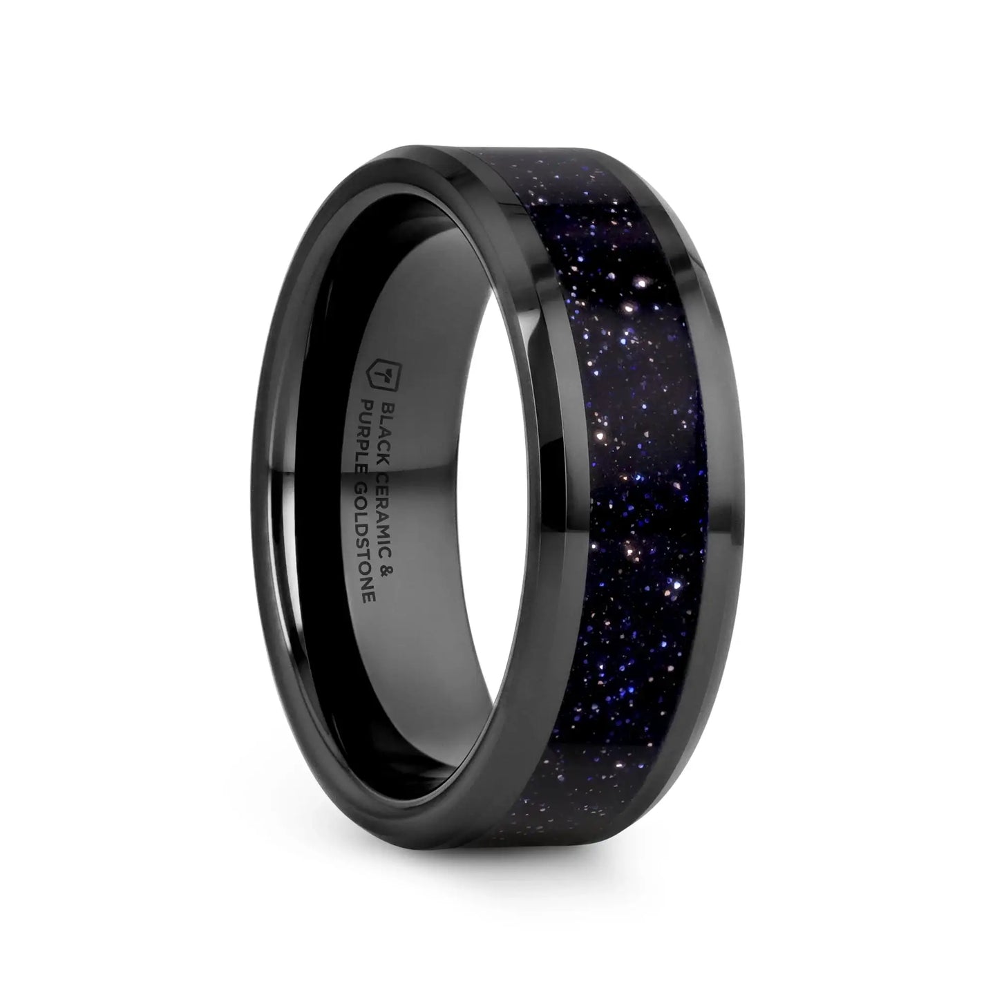 MELO Black Ceramic Beveled Polished Men’s Wedding Band with Purple Goldstone Inlay - 8mm - Larson Jewelers