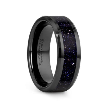 MELO Black Ceramic Beveled Polished Men’s Wedding Band with Purple Goldstone Inlay - 8mm - Larson Jewelers