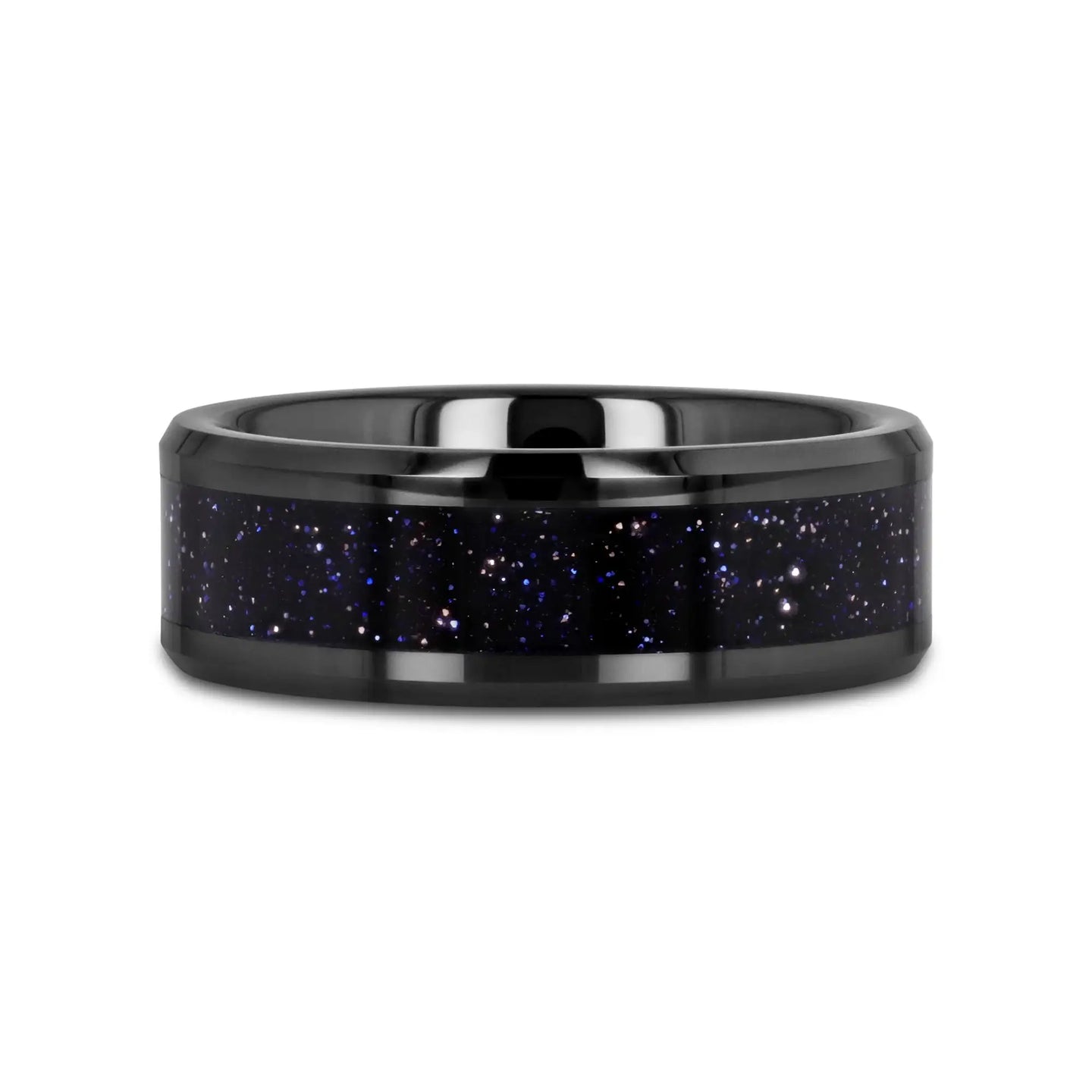 MELO Black Ceramic Beveled Polished Men’s Wedding Band with Purple Goldstone Inlay - 8mm - Larson Jewelers