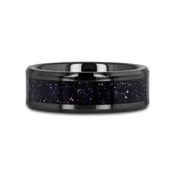 MELO Black Ceramic Beveled Polished Men’s Wedding Band with Purple Goldstone Inlay - 8mm - Larson Jewelers
