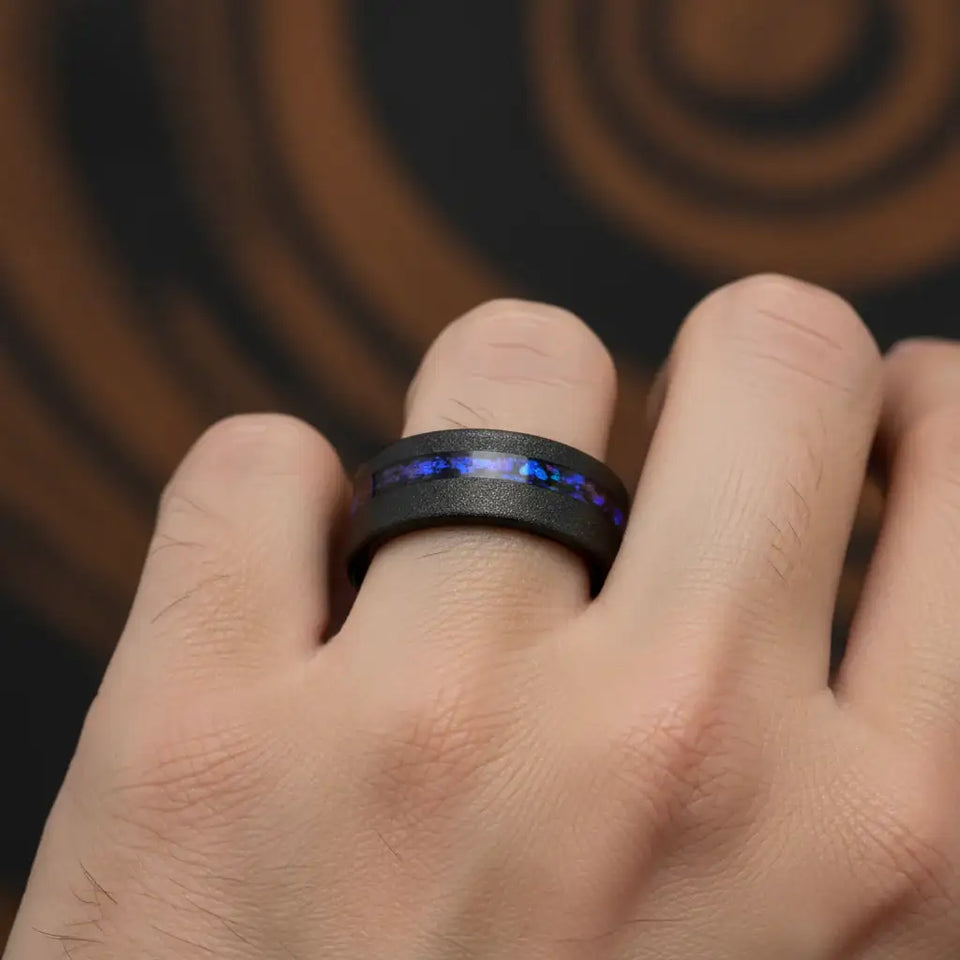 MIRAGE Sandblasted Black Tungsten Ring with Crushed Alexandrite and Dark Blue/Purple Crushed Goldstone – 8mm - Larson Jewelers