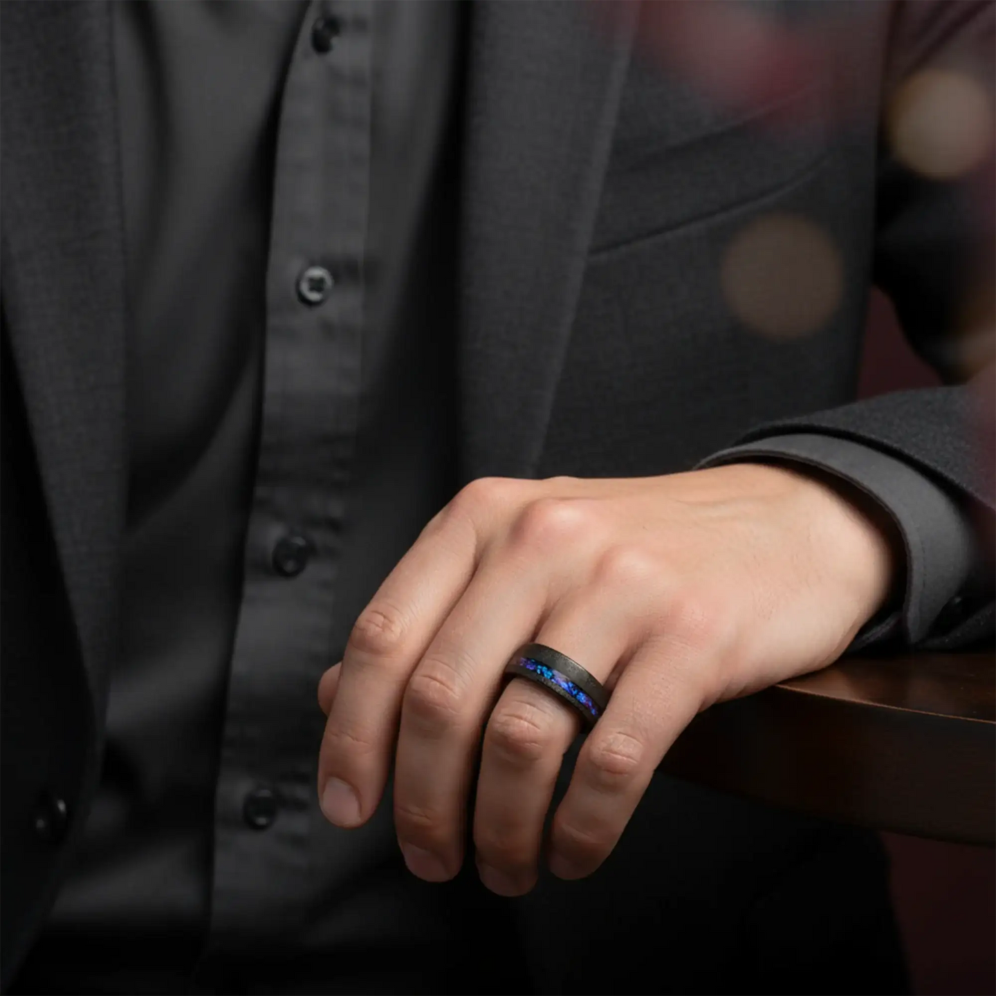 MIRAGE Sandblasted Black Tungsten Ring with Crushed Alexandrite and Dark Blue/Purple Crushed Goldstone – 8mm - Larson Jewelers