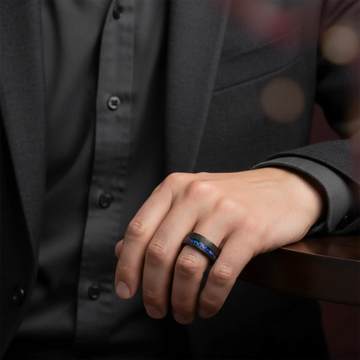 MIRAGE Sandblasted Black Tungsten Ring with Crushed Alexandrite and Dark Blue/Purple Crushed Goldstone – 8mm - Larson Jewelers