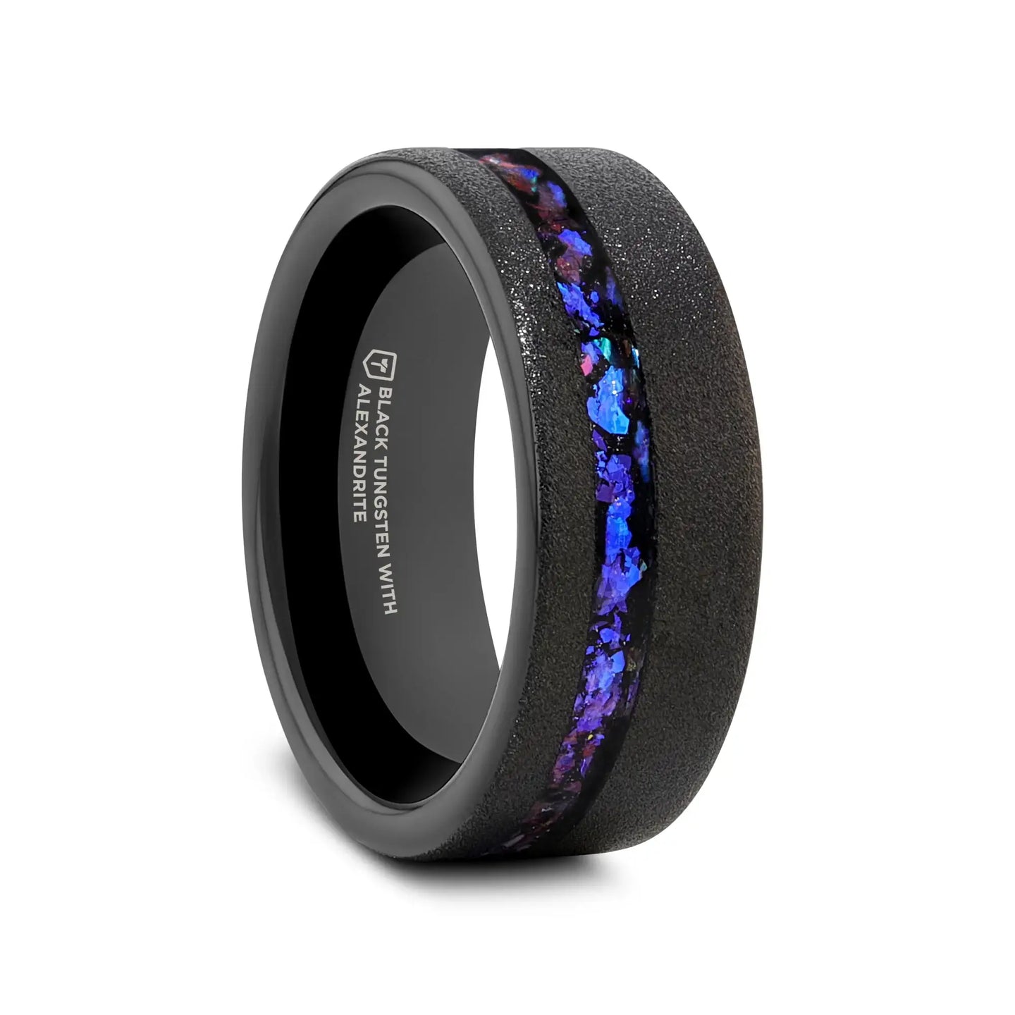 MIRAGE Sandblasted Black Tungsten Ring with Crushed Alexandrite and Dark Blue/Purple Crushed Goldstone – 8mm - Larson Jewelers