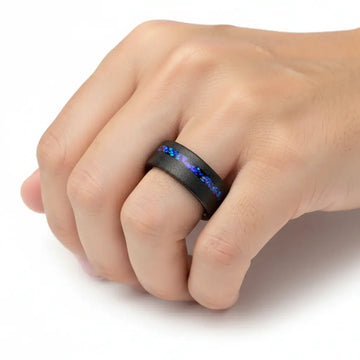 MIRAGE Sandblasted Black Tungsten Ring with Crushed Alexandrite and Dark Blue/Purple Crushed Goldstone – 8mm - Larson Jewelers